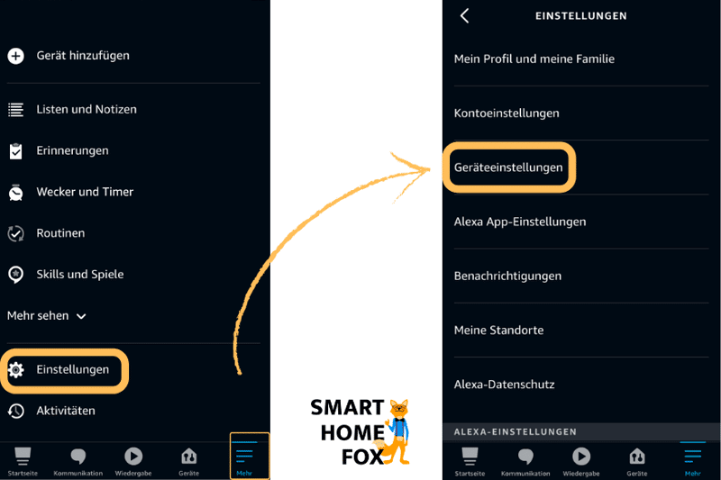 In der Amazon Alexa App werden Einstellungen und Geräteeinstellungen samt verfügbaren Alexas angezeigt